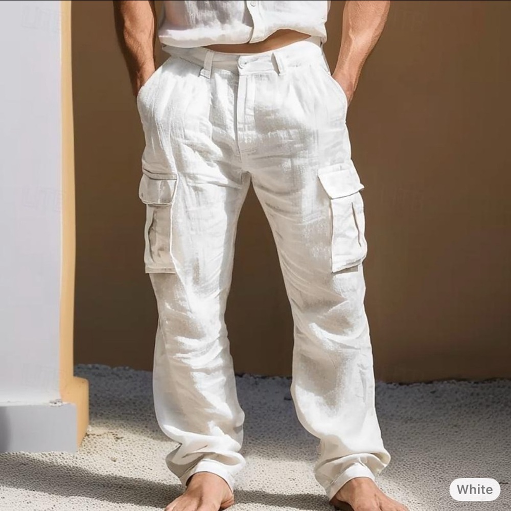 Men's Linen Pants Trousers Summer Pants Multi Pocket Mens Size 3XL